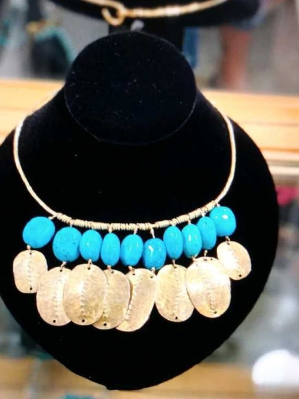 Statement Cabochon Turquoise and hammered metal choker necklace by Kim Reidel.
